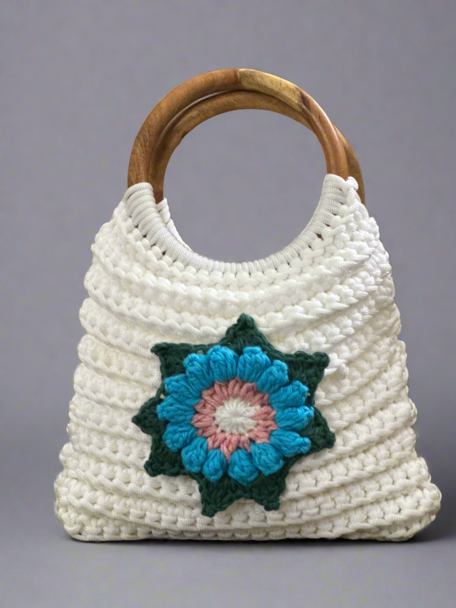 Handmade White Crochet Bag with Wooden Handles and Floral Design