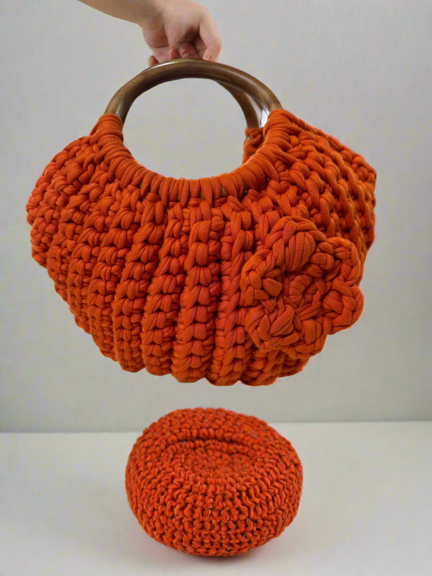 Handmade Burnt Orange Crochet Bag with Wooden Handles – Boho Chic Tote