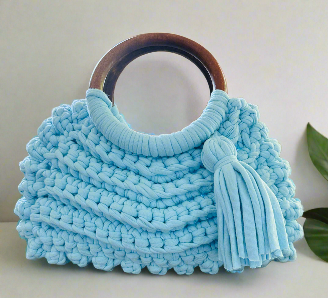 Handmade Sky Blue Crochet Handbag with Wooden Handles & Tassel – Knit Dream Exclusive