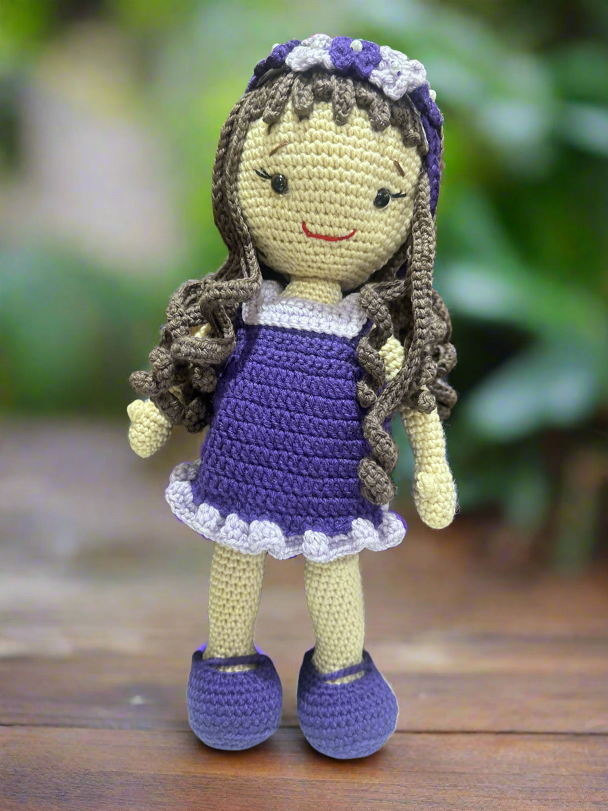 Handmade Crochet Doll with Curly Hair – Purple Dress & Floral Headband | Amigurumi Soft Toy Gift for Kids