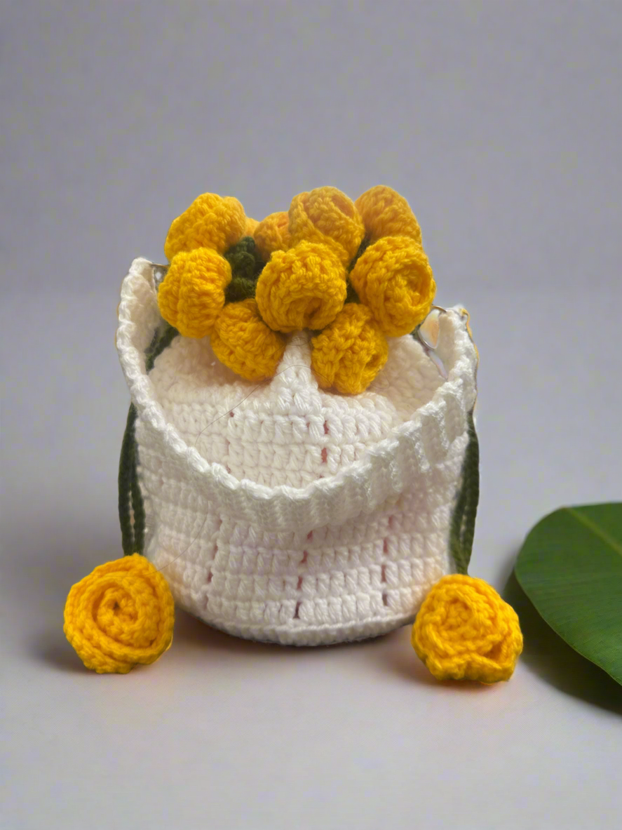 Handmade Crochet Potli Bag with Yellow Flowers – Elegant White Woolen Gift Pouch