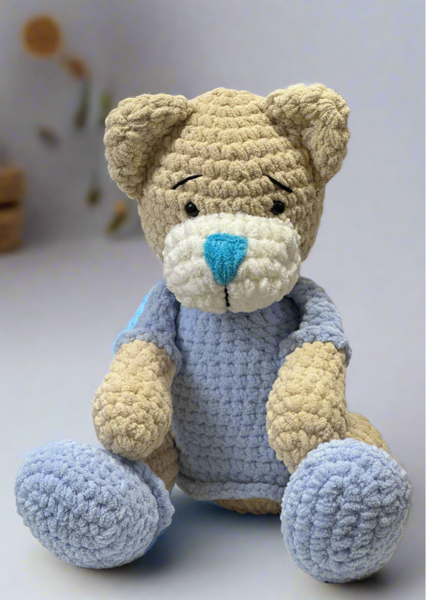 Handmade Crochet Plush Bear in Blue Outfit – Soft, Cuddly Toy for Kids & Collectors