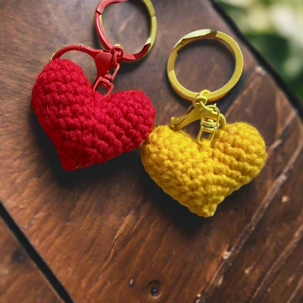“Handmade Crochet Heart Keychains - Set of Red and Yellow Hearts | Perfect Gift for Loved Ones”
