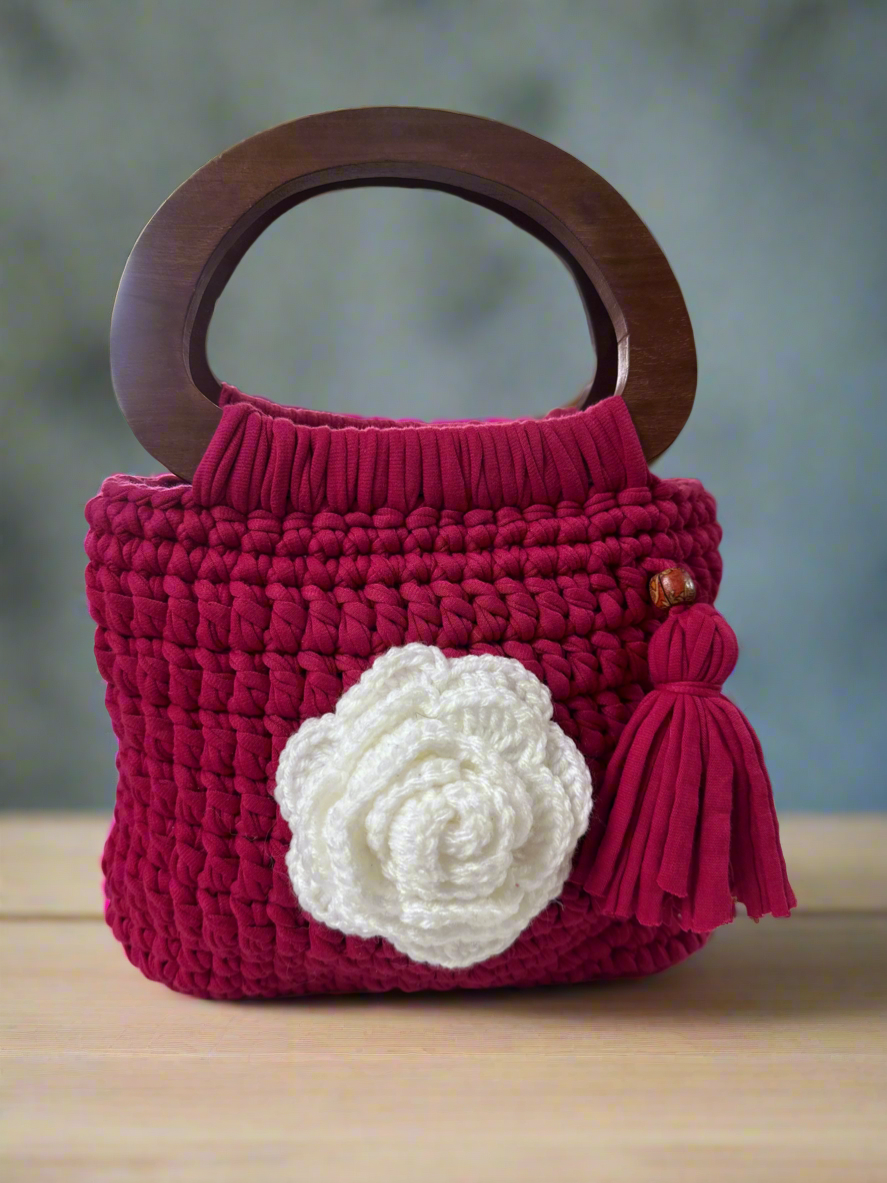 Handmade Fuchsia Crochet Handbag with Wooden Handles & White Rose Embellishment