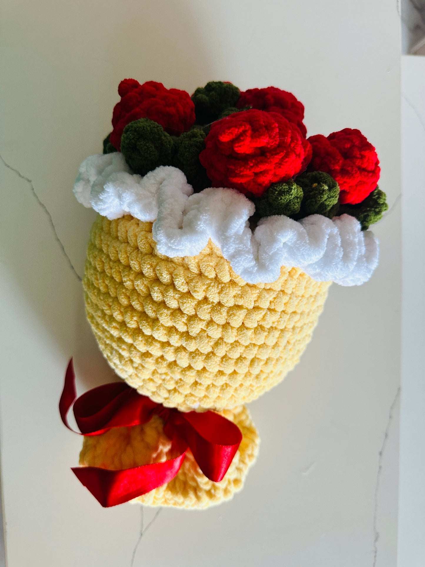 Product Handmade Crochet Flower Bouquet in a Pink Vase – Plush Velvet Yarn