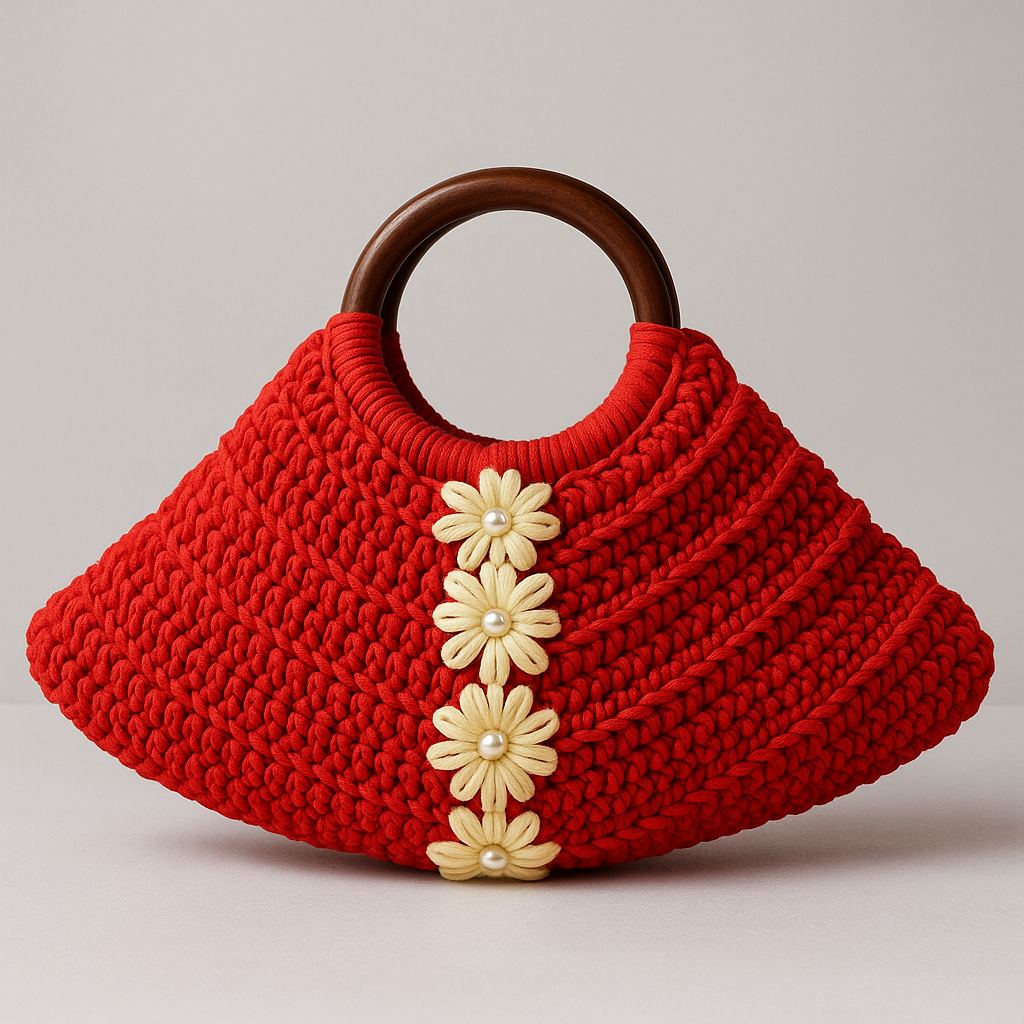 Handmade Red Crochet Handbag with Wooden Handle & Floral Detailing