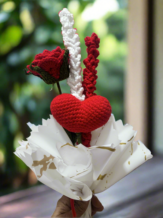 Handmade Crochet Bouquet with Heart, Rose, and White and red lavender flowers