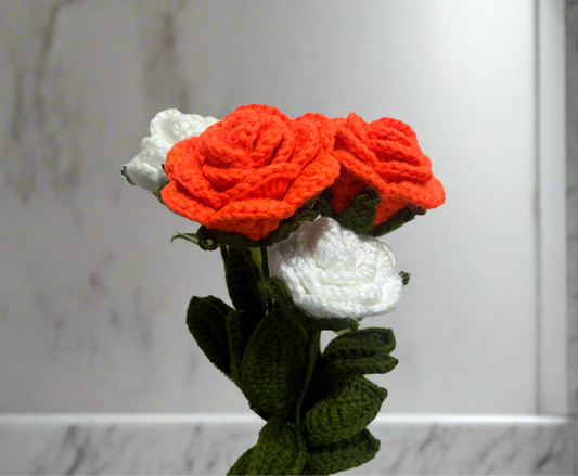 Handmade Crochet Orange and White Rose Bouquet