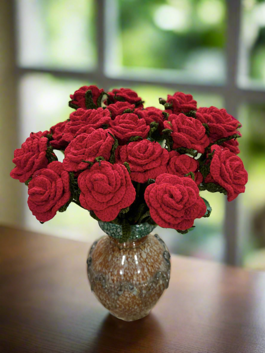 Handcrafted Crochet Red Roses Bouquet