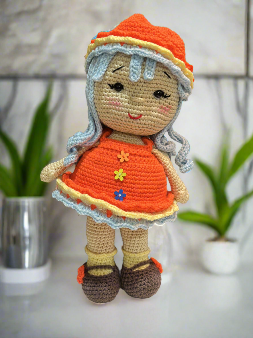 Handmade Crochet Doll with Curly Hair – Orange Dress & Hat | Soft Amigurumi Toy for Kids