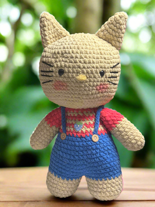 Handmade Crochet Cat Plushie in Overalls – Soft & Cuddly Amigurumi Toy for Kids & Home Decor