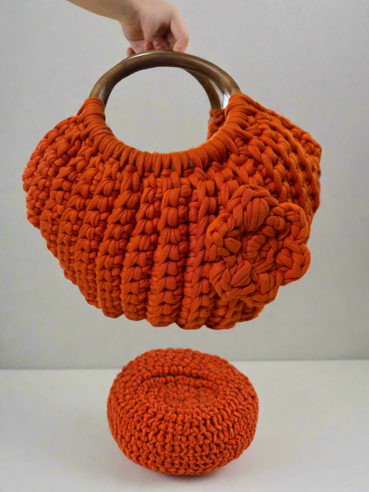 Handmade Burnt Orange Crochet Bag with Wooden Handles – Boho Chic Tote