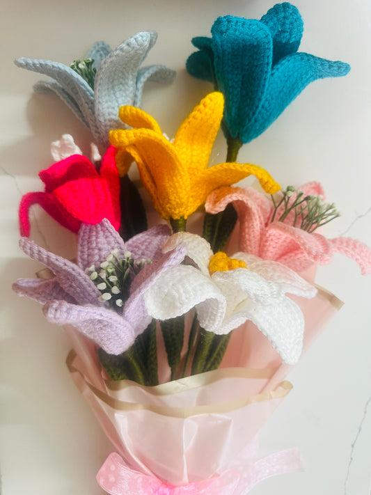 Handmade Crochet Lily Flower Bouquet – Multicolor Wool Flowers (Set of 9)