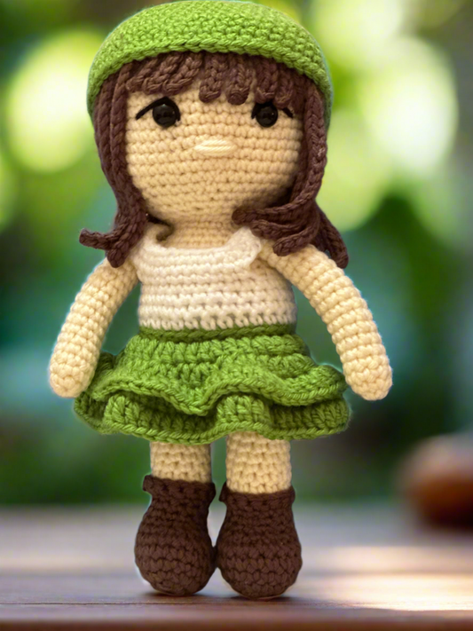 Handmade Crochet Doll – Green Beret Girl with Layered Skirt