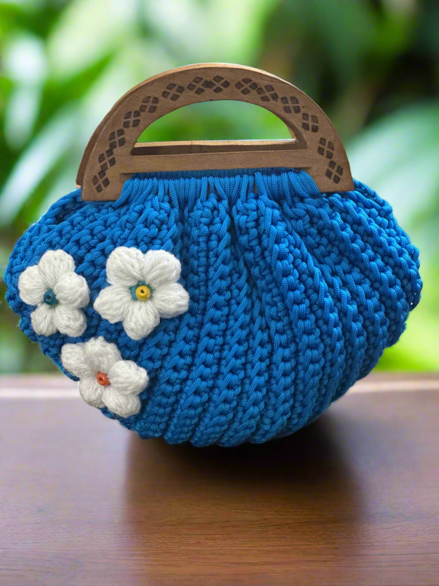 Handmade Blue Crochet Handbag with Wooden Handle and Floral Design