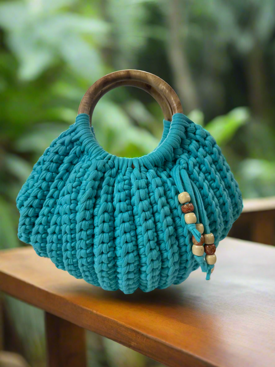 Handmade Teal Crochet Handbag with Wooden Handles – Boho Chic Knitted Tote