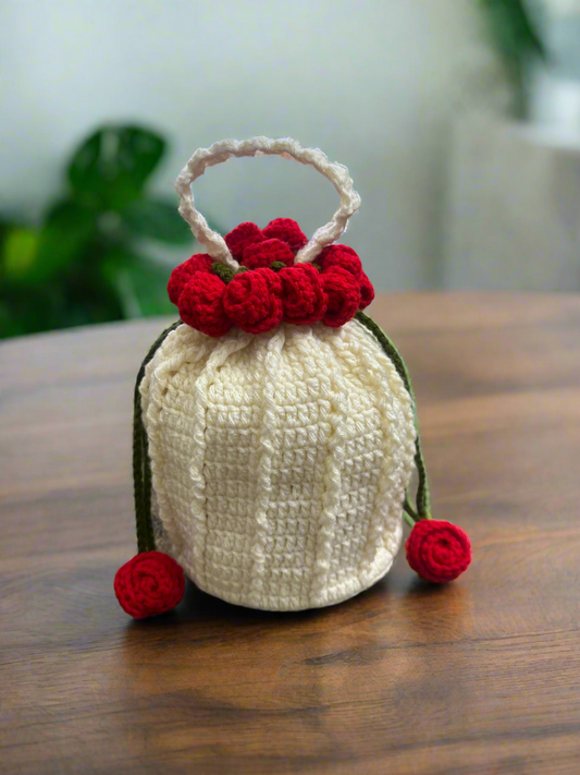 Handmade Crochet Potli Bag with Red Roses – Ethnic Partywear Pouch