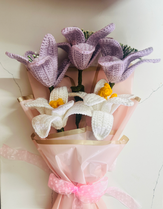 Handmade Crochet Flower Bouquet – Pastel Lilies & Daffodils | Soft Yarn Floral Gift