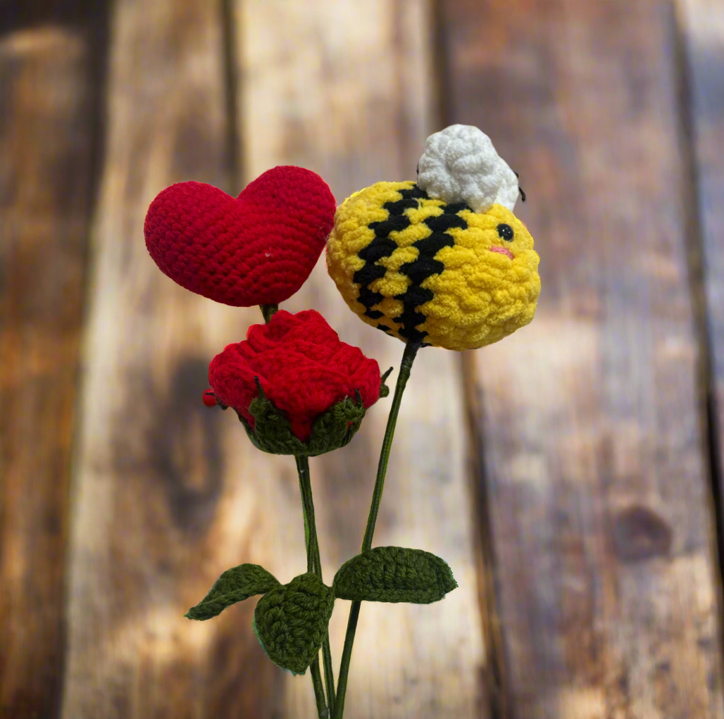 “Handmade Crochet Bouquet - Bumblebee, Red Rose, and Heart Trio