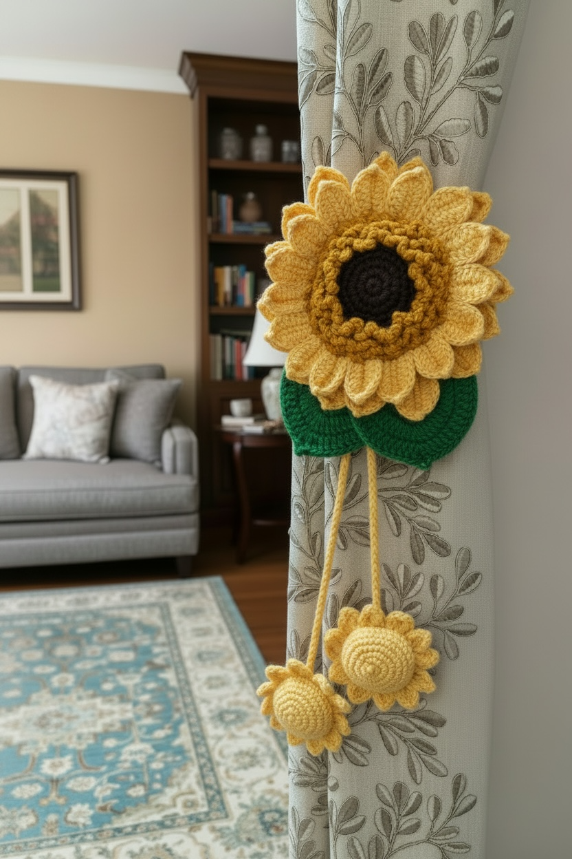 Handmade Crochet Sunflower Curtain Tieback | Boho Floral Curtain Holder for Living Room & Bedroom Decor