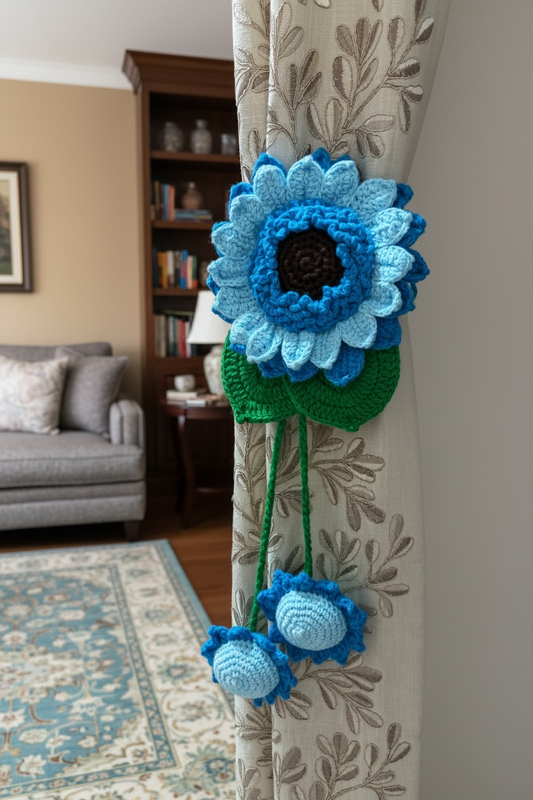 Handmade Crochet Sunflower Curtain Tieback | Boho Floral Curtain Holder for Living Room & Bedroom Decor
