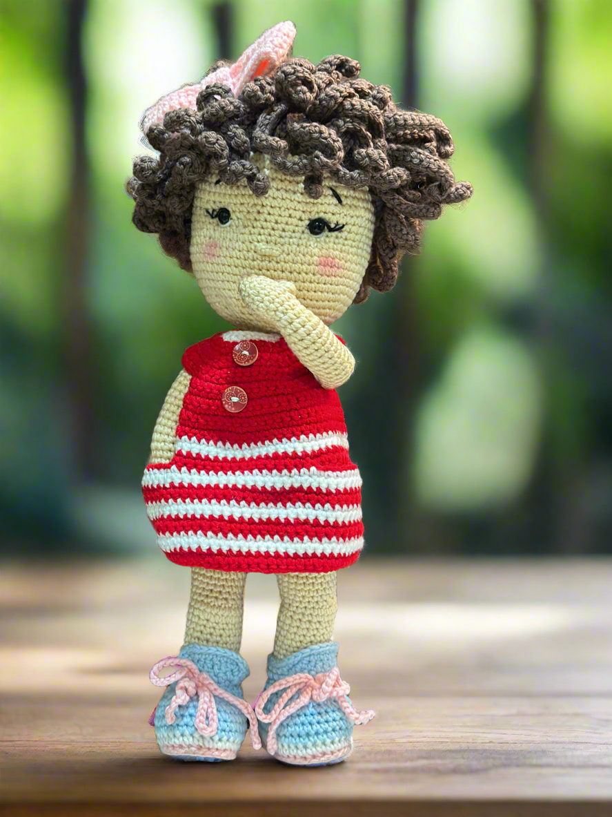 Handmade Crochet Doll – Adorable Curly-Haired Girl in Red Dress