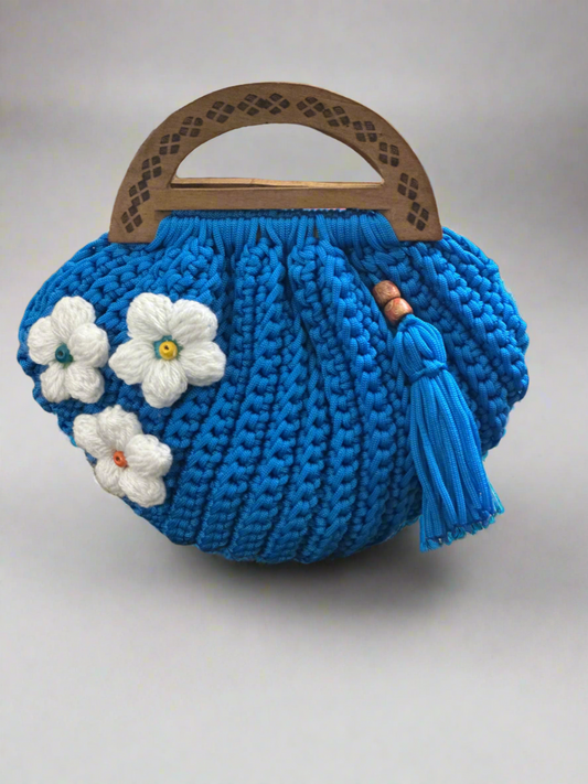 Handmade Blue Crochet Handbag with Wooden Handle and Floral Design