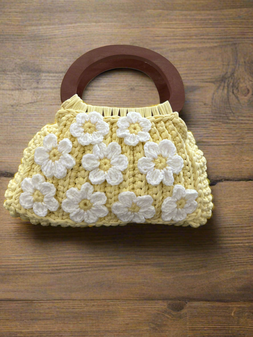 Handmade Yellow Crochet Flower Bag with Wooden Handle – Daisy Bloom Tote