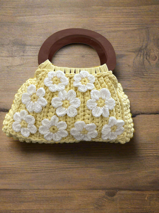 Handmade Yellow Crochet Flower Bag with Wooden Handle – Daisy Bloom Tote