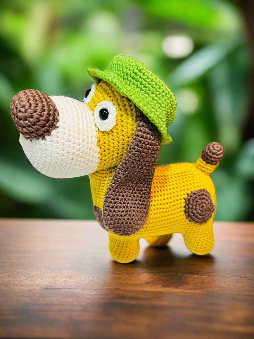 Handmade Crochet Detective Dog with Green Hat – Amigurumi Plush Toy