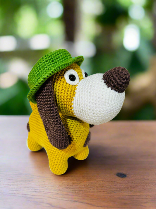 Handmade Crochet Detective Dog with Green Hat – Amigurumi Plush Toy