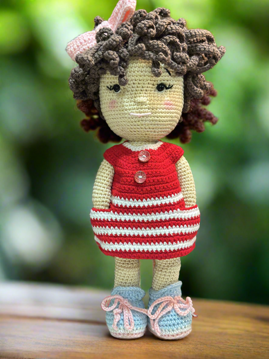 Handmade Crochet Doll – Adorable Curly-Haired Girl in Red Dress