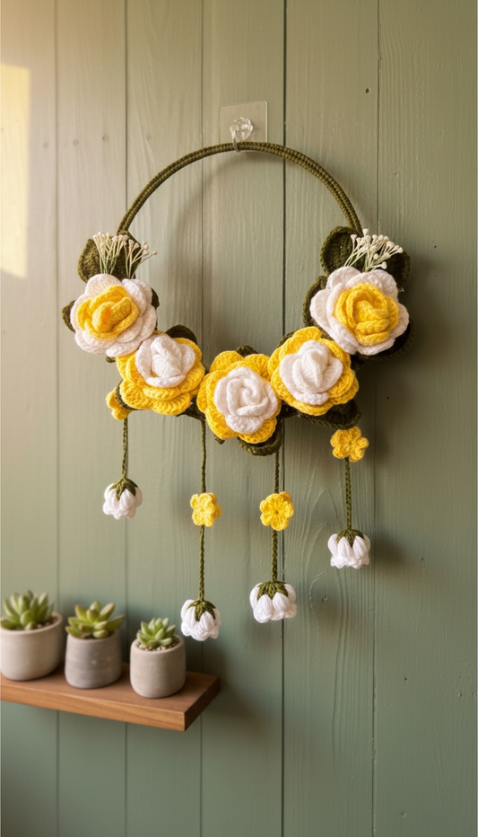 Handmade Crochet Yellow Floral Wall Hanging | Boho Home Decor for Living Room & Bedroom