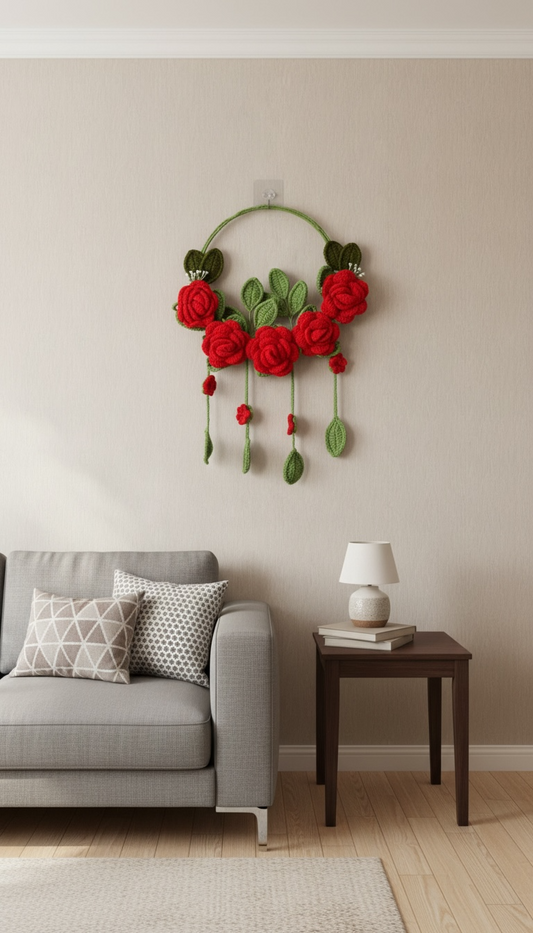 Handmade Crochet Floral Wall Hanging with Red Roses & Leaves | Boho Home Decor