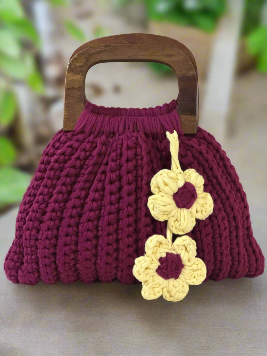 Handcrafted Burgundy Crochet Tote Bag with Wooden Handles & Floral charm