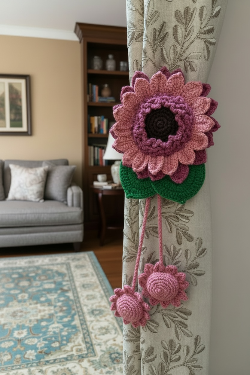 Handmade Crochet Sunflower Curtain Tieback | Boho Floral Curtain Holder for Living Room & Bedroom Decor
