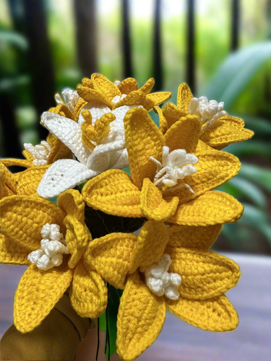 Product Title: Handmade Crochet Yellow Lilies Bouquet