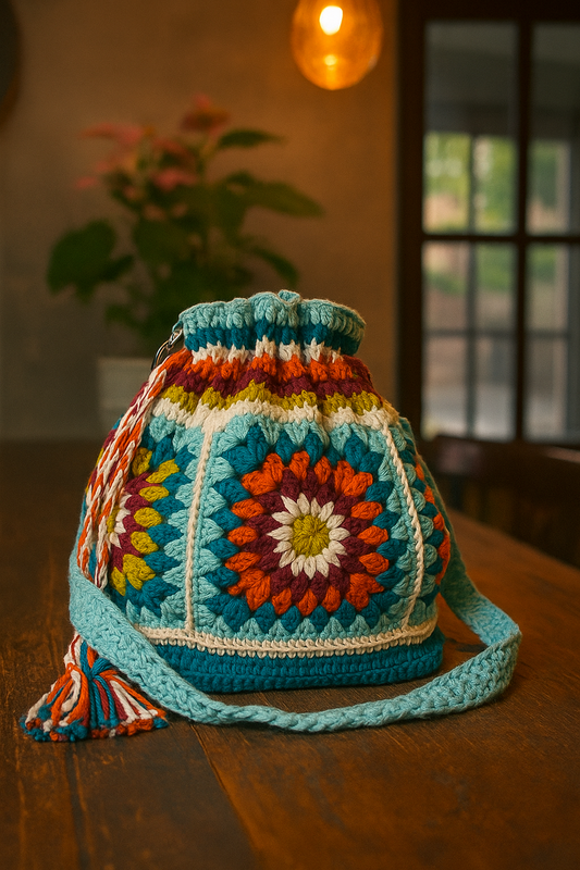 Handmade Crochet Boho Bucket Bag – Multicolor Granny Square Design | Knit Dream