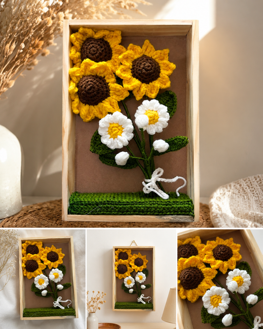 Handmade Crochet Sunflower & Daisy Wall Decor | Floral Shadow Box
