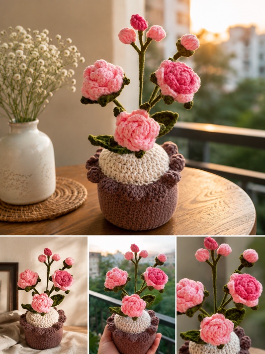 Handmade Crochet Rose Flower Pot | Everlasting Floral Home Decor