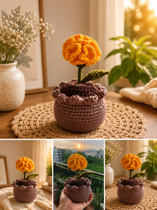 Handmade Crochet Marigold Flower Pot | Everlasting Floral Home Decor