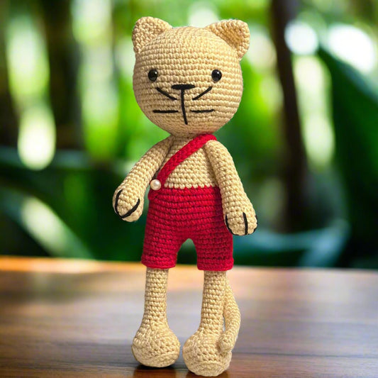 Handmade Crochet Cat Doll in Red Overalls