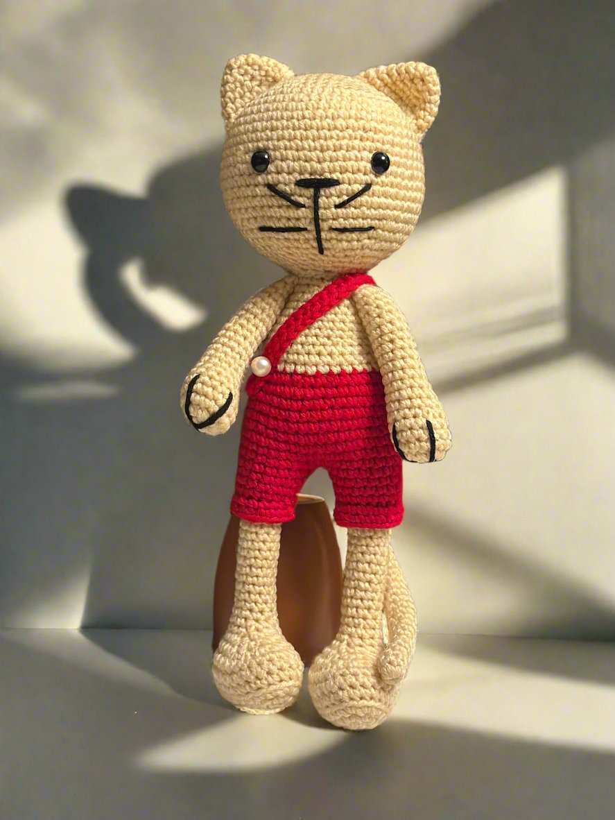 Handmade Crochet Cat Doll in Red Overalls