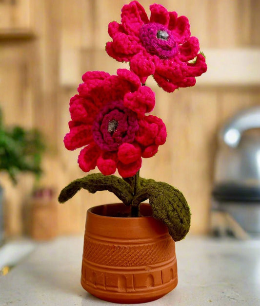 Handmade Crochet Daisy in an Earthen Pot