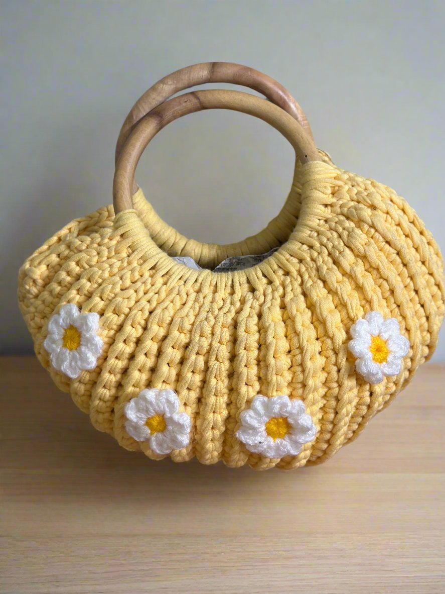 Handmade Yellow Crochet Bag with Daisies