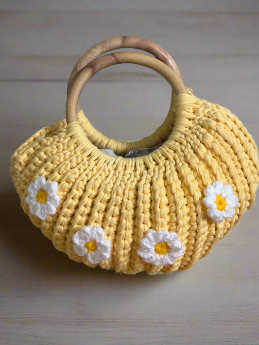 Handmade Yellow Crochet Bag with Daisies