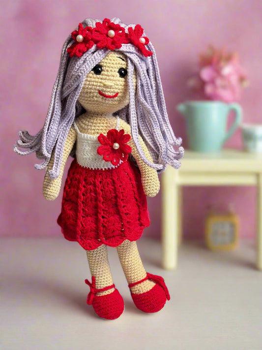 Handmade Crochet Doll in Red Floral Dress