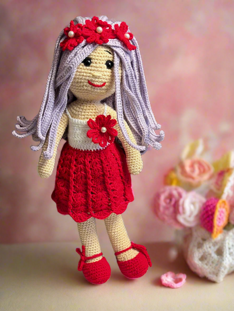 Handmade Crochet Doll in Red Floral Dress