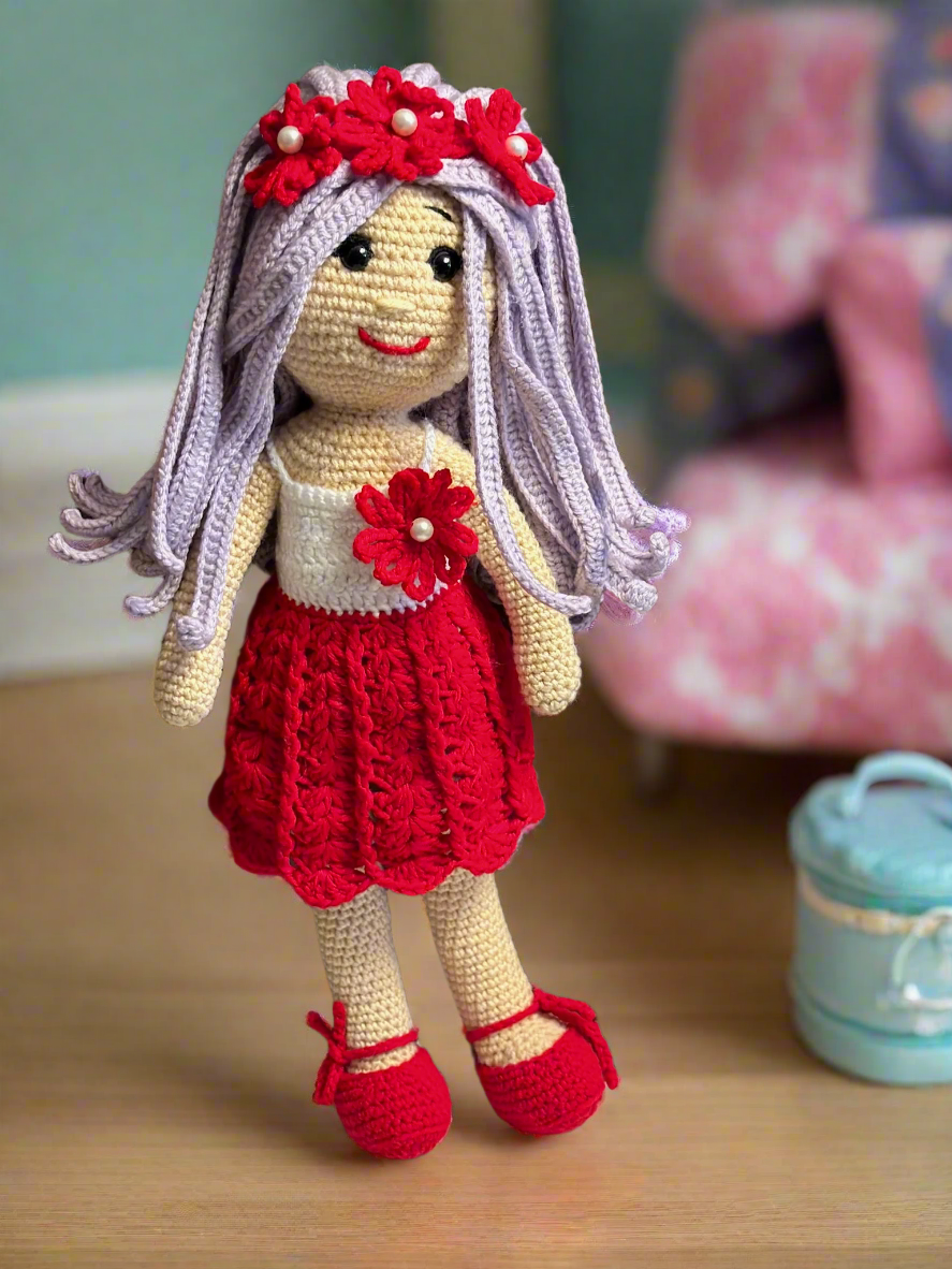 Handmade Crochet Doll in Red Floral Dress