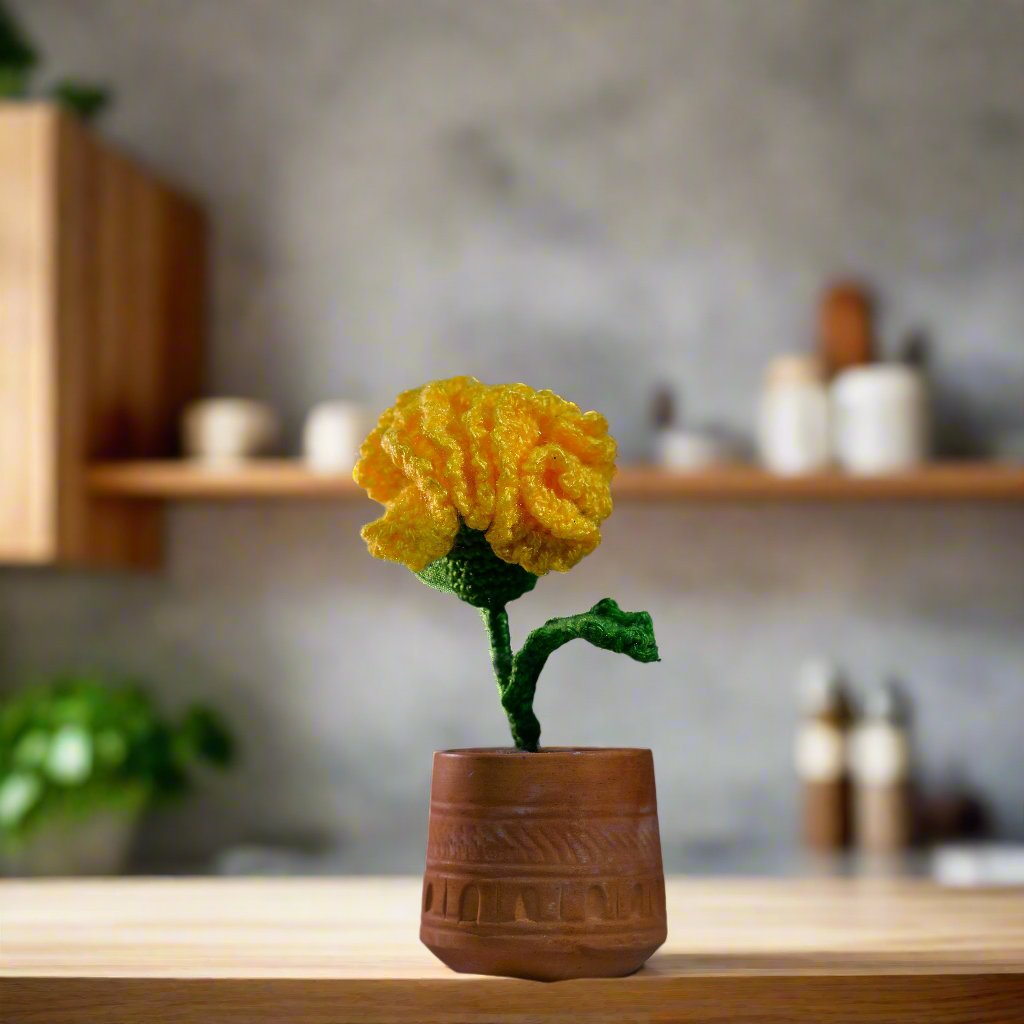 Handmade Crochet Marigold in an Earthen Pot